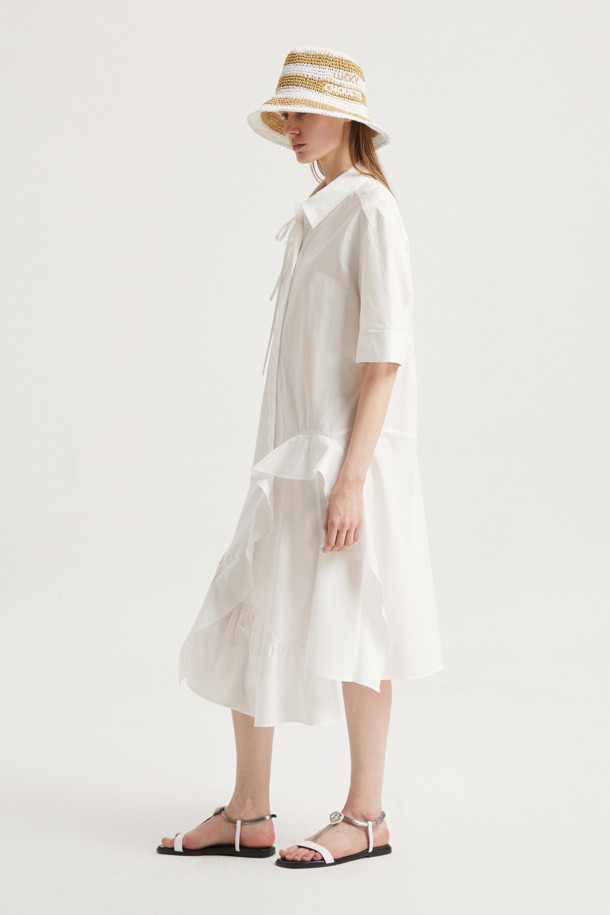 LUCKY CHOUETTE - 긴소매 원피스 - Unbalanced Hool Shirt-Type Cotton Dress