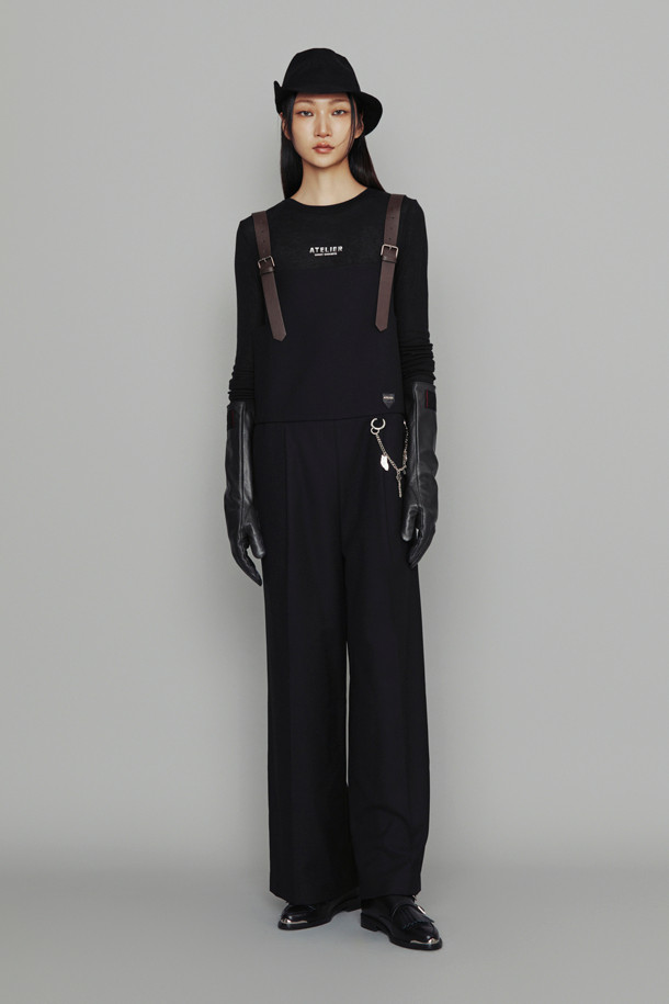 LUCKY CHOUETTE - 점프수트 - [Atelier] Fake Leather Button Herringbone Jumpsuit (black)