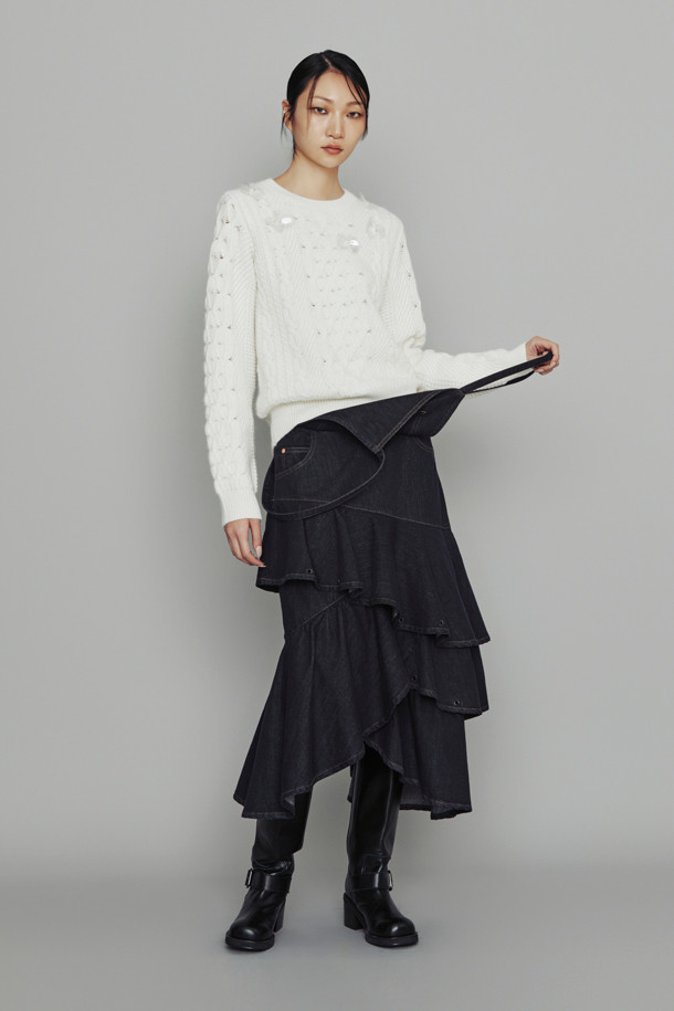 LUCKY CHOUETTE - 롱스커트 - [Atelier] Eyelet Suspender Denim Skirt (dark blue)