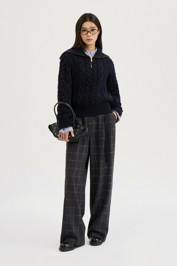 LUCKY CHOUETTE - 롱/미디팬츠 - [Atelier] Belt Point Check Back Banding Pants (dark grey)