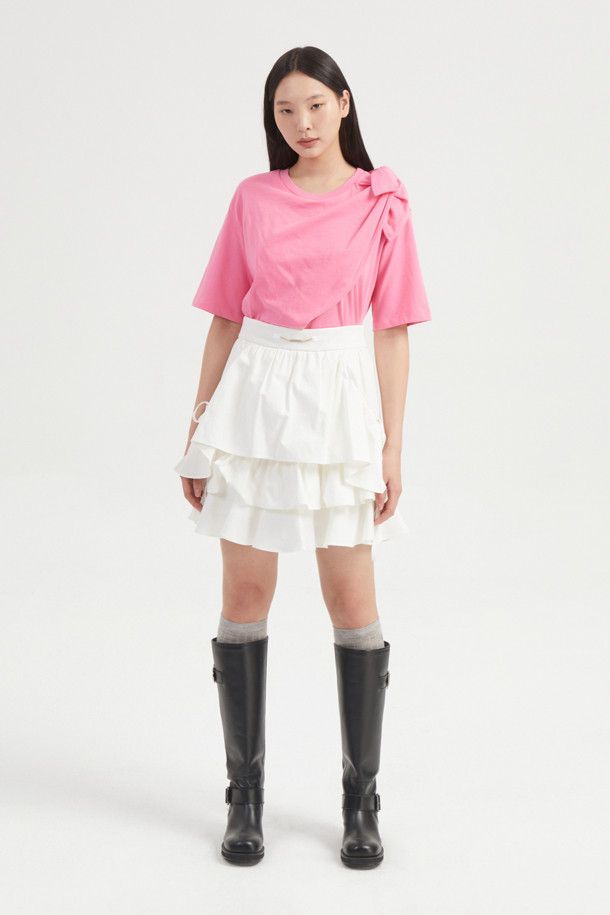 LUCKY CHOUETTE - 반소매 티셔츠 - Ribbon Asymmetric Short-sleeved T-shirt