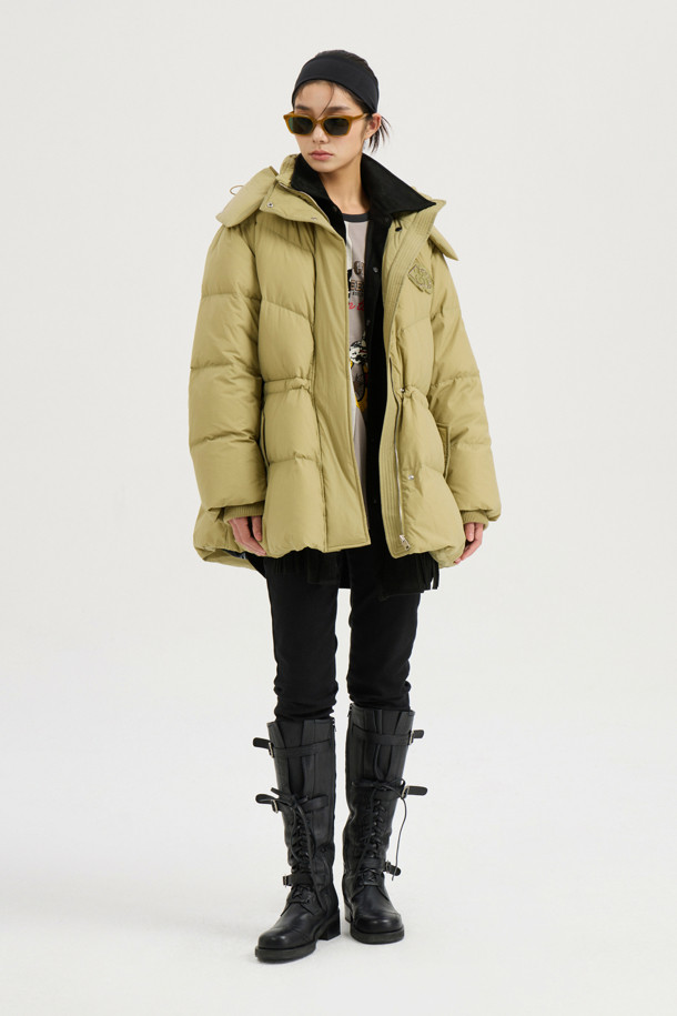 LUCKY CHOUETTE - 패딩 - Detachable Hooded Flare Goose-down Jumper (light khaki)