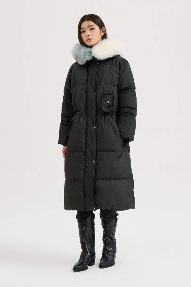 LUCKY CHOUETTE - 패딩 - [Atelier] Color Block Fox Trimming Long Goose Down Coat (black)