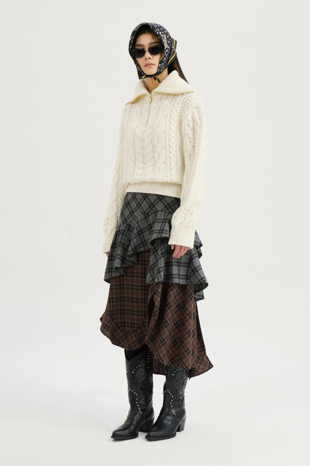 LUCKY CHOUETTE - 스웨터 - [Atelier] Cable Collar Neck Zipper knit Pullover (ivory)