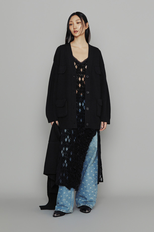 LUCKY CHOUETTE - 가디건 - [Atelier] Big Pocket Muffler Option Half Knit Cardigan (black)