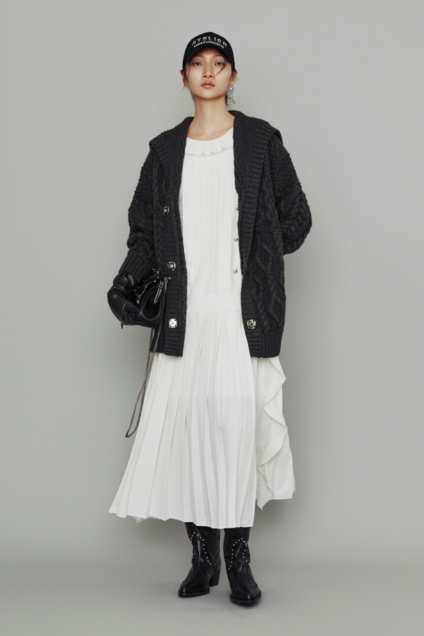 LUCKY CHOUETTE - 가디건 - [Atelier] Sailor Cable Half Length Knit Cardigan (light grey)