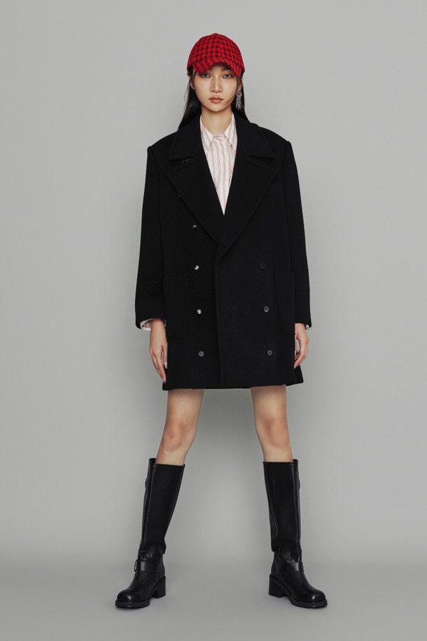 LUCKY CHOUETTE - 코트 - [Atelier] Leather Button Double Half Coat (black)