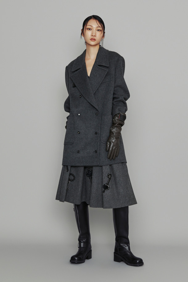 LUCKY CHOUETTE - 코트 - [Atelier] Leather Button Double Half Coat (melange grey)