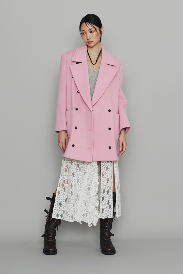 LUCKY CHOUETTE - 코트 - [Atelier] Leather Button Double Half Coat (pink)