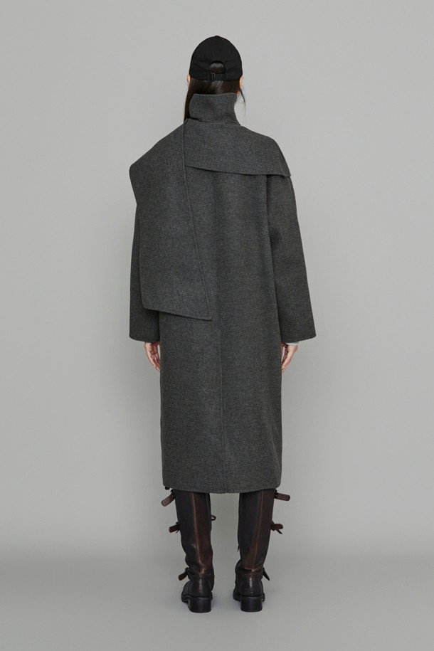 LUCKY CHOUETTE - 코트 - [Atelier] Handmade Detachable Muffler Double Long Coat (melange grey)