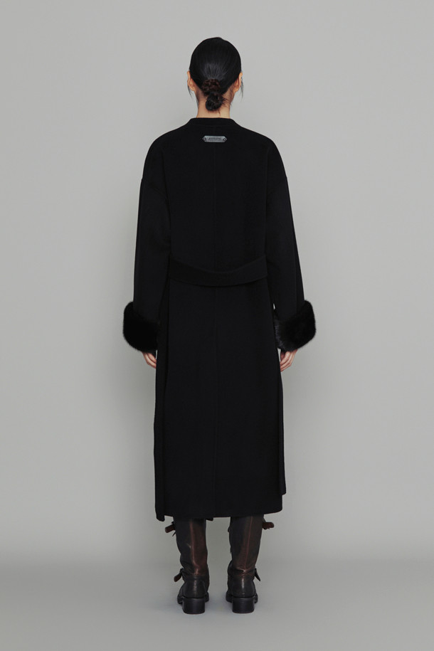 LUCKY CHOUETTE - 코트 - [Atelier] Handmade Detachable Fur Sleeve Belt Long Coat (black)