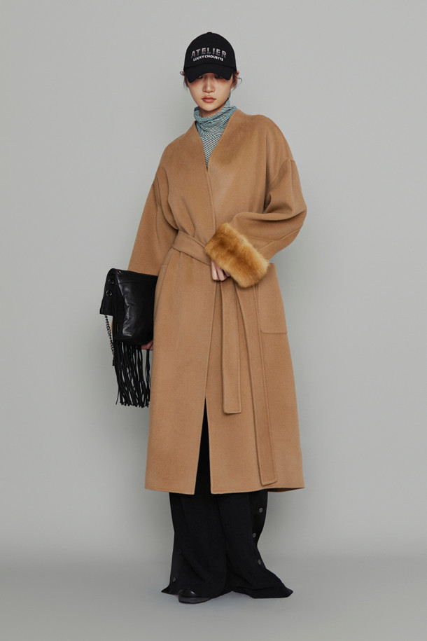 LUCKY CHOUETTE - 코트 - [Atelier] Handmade Detachable Fur Sleeve Belt Long Coat (camel)