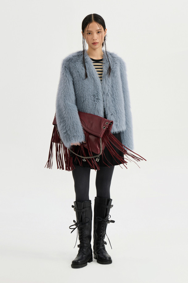 LUCKY CHOUETTE - 점퍼 - Eco Mink Fake Fur Collarless Jacket (blue)