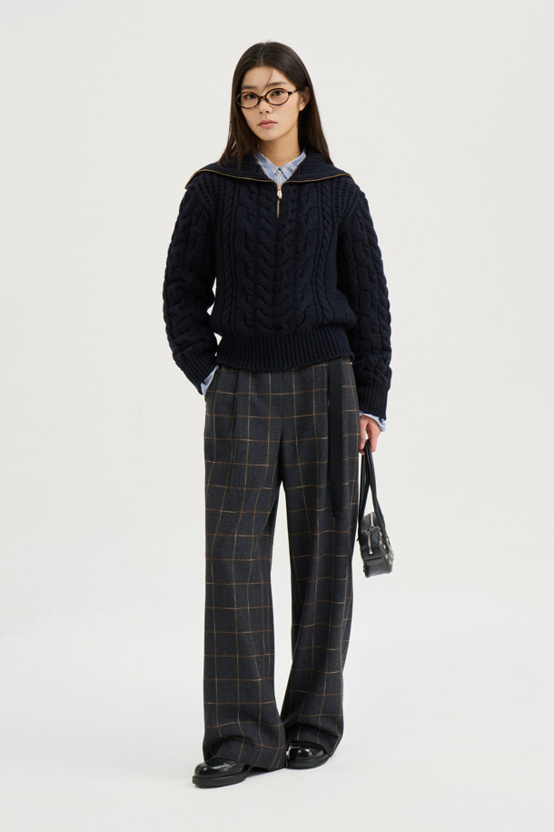 LUCKY CHOUETTE - 롱/미디팬츠 - [Atelier] Belt Point Check Back Banding Pants (dark grey)