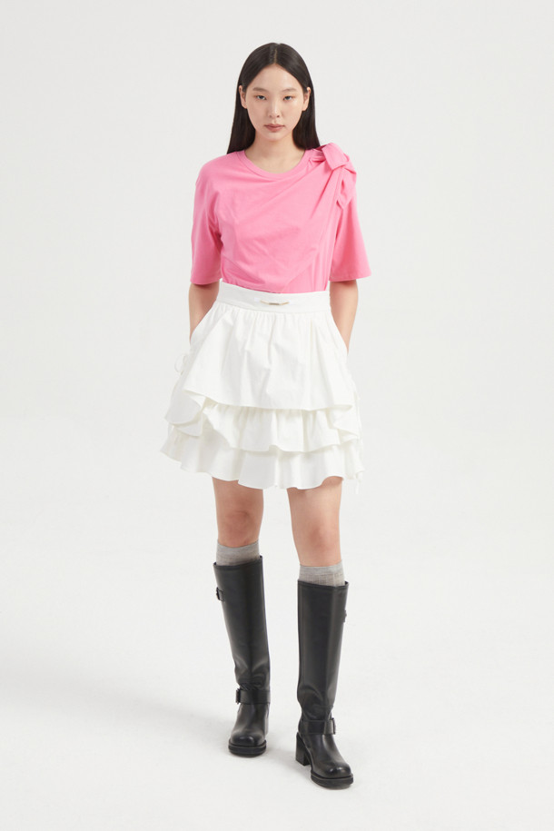 LUCKY CHOUETTE - 반소매 티셔츠 - Ribbon Asymmetric Short-sleeved T-shirt