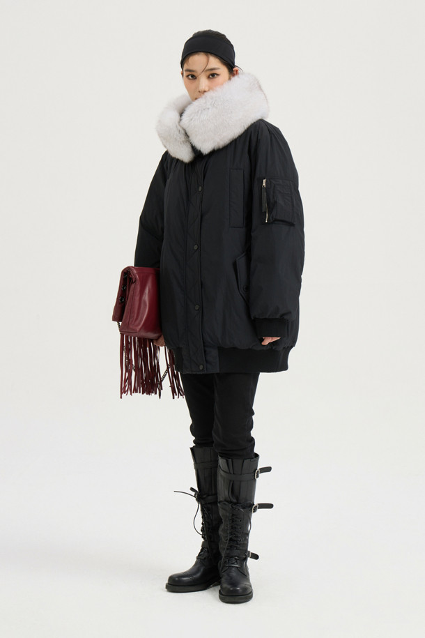 LUCKY CHOUETTE - 패딩 - Detachable Fox Fur Goose-Down Half Jumper (black)