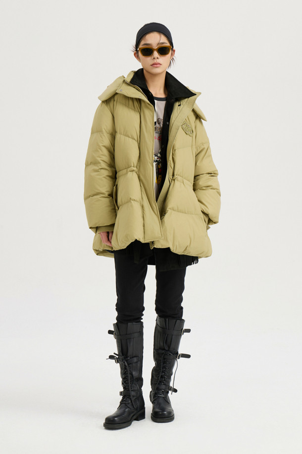 LUCKY CHOUETTE - 패딩 - Detachable Hooded Flare Goose-down Jumper (light khaki)