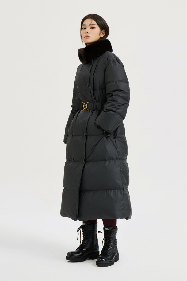 LUCKY CHOUETTE - 점퍼 - [Atelier] Mink Neck Warmer Option Belt Long Goose-down Coat (black)