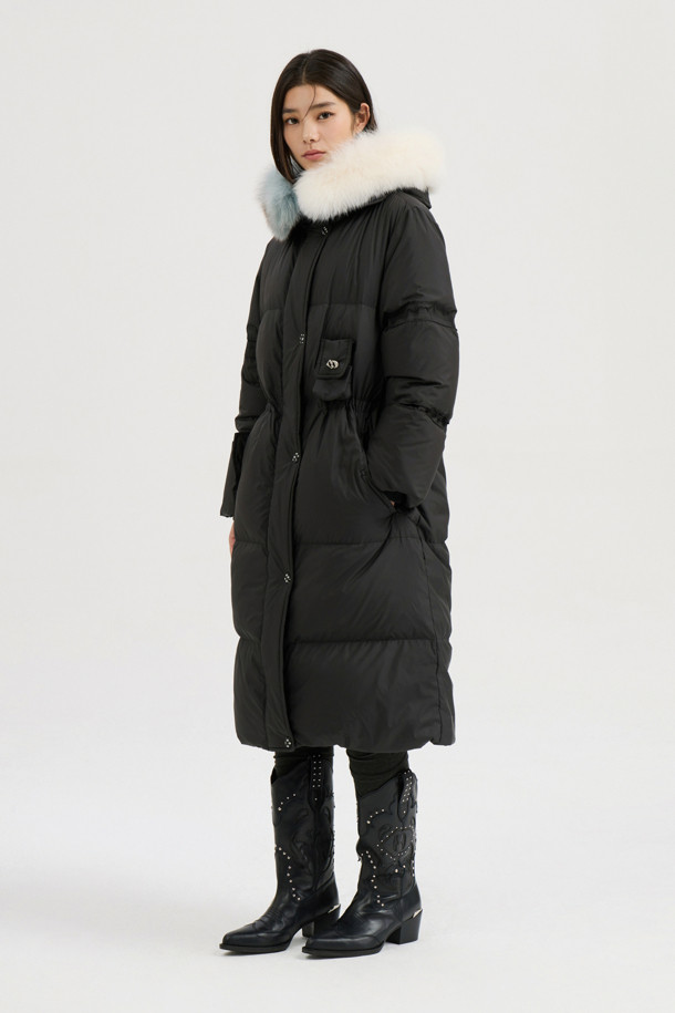 LUCKY CHOUETTE - 패딩 - [Atelier] Color Block Fox Trimming Long Goose Down Coat (black)