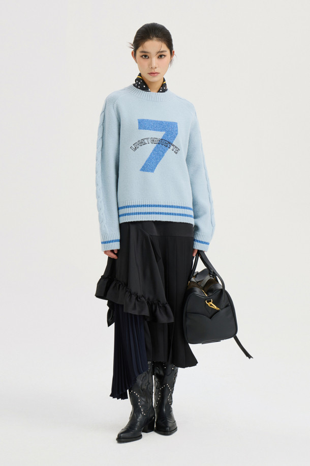 LUCKY CHOUETTE - 스웨터 - [Atelier] One Point Round Neck Knit Pullover (blue)