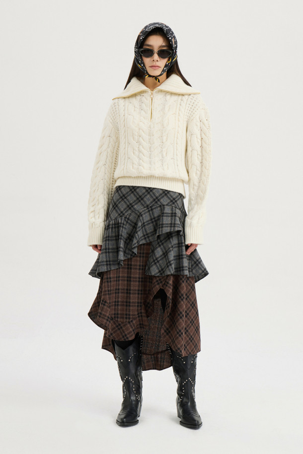 LUCKY CHOUETTE - 스웨터 - [Atelier] Cable Collar Neck Zipper knit Pullover (ivory)