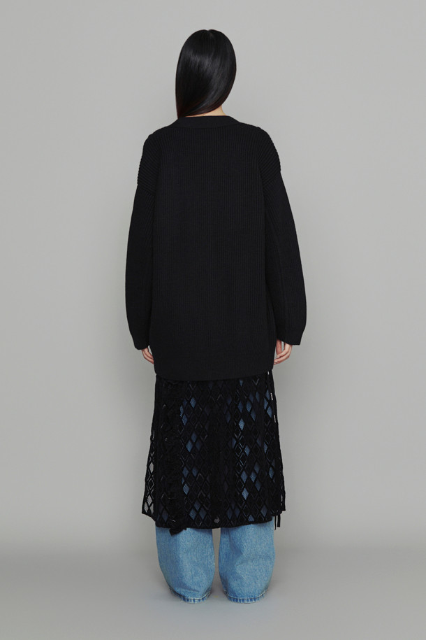 LUCKY CHOUETTE - 가디건 - [Atelier] Big Pocket Muffler Option Half Knit Cardigan (black)