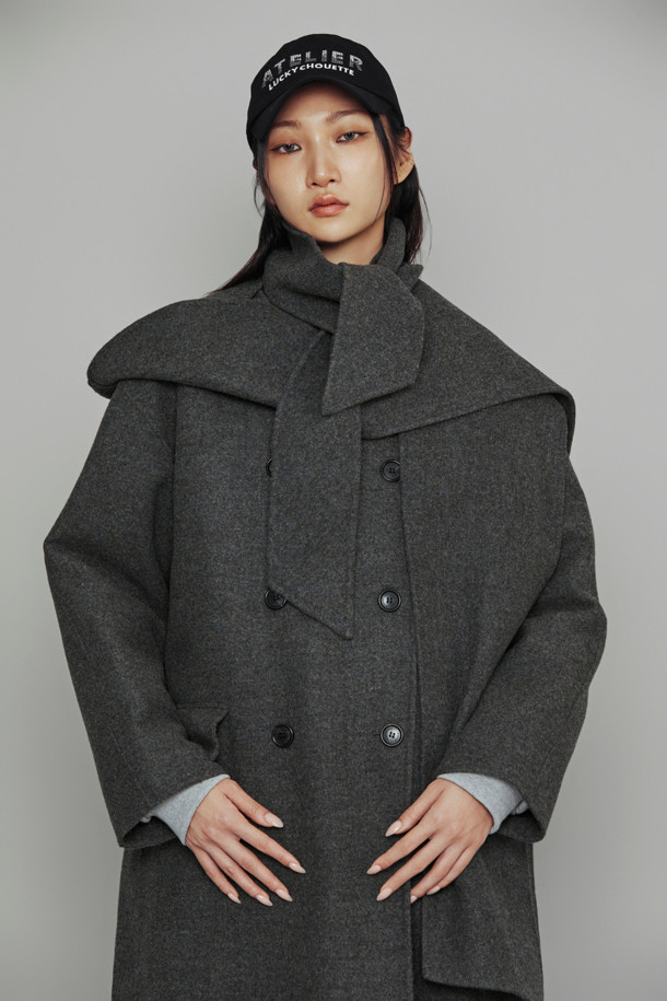 LUCKY CHOUETTE - 코트 - [Atelier] Handmade Detachable Muffler Double Long Coat (melange grey)