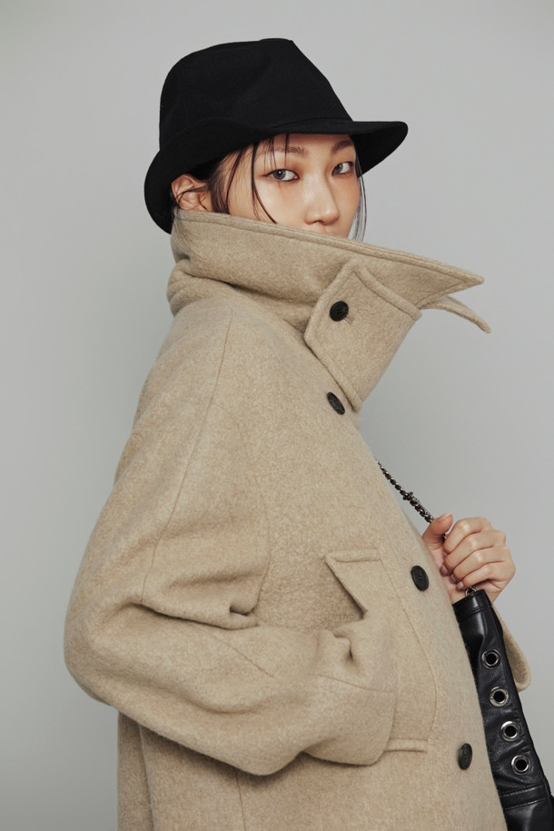 LUCKY CHOUETTE - 코트 - [Atelier] Detachable Neck Button Double Half Coat (dark beige)