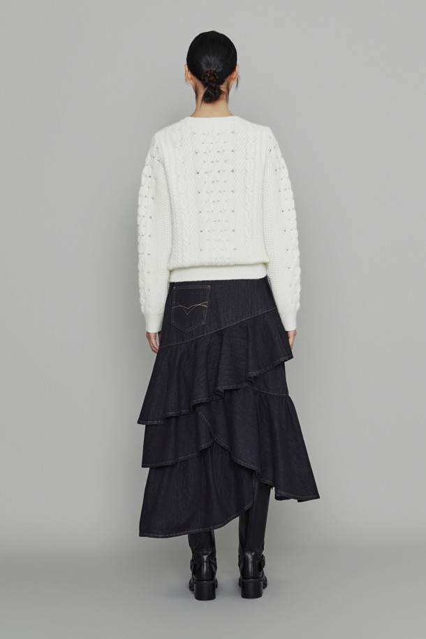 LUCKY CHOUETTE - 롱스커트 - [Atelier] Eyelet Suspender Denim Skirt (dark blue)