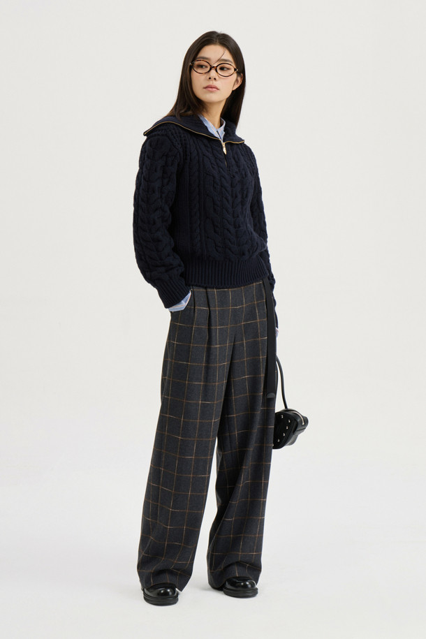 LUCKY CHOUETTE - 롱/미디팬츠 - [Atelier] Belt Point Check Back Banding Pants (dark grey)