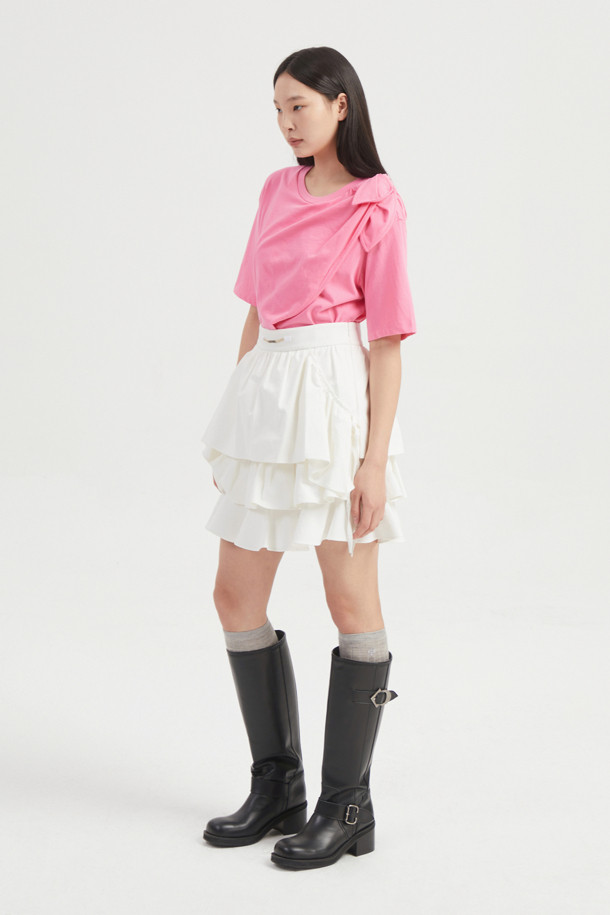 LUCKY CHOUETTE - 반소매 티셔츠 - Ribbon Asymmetric Short-sleeved T-shirt