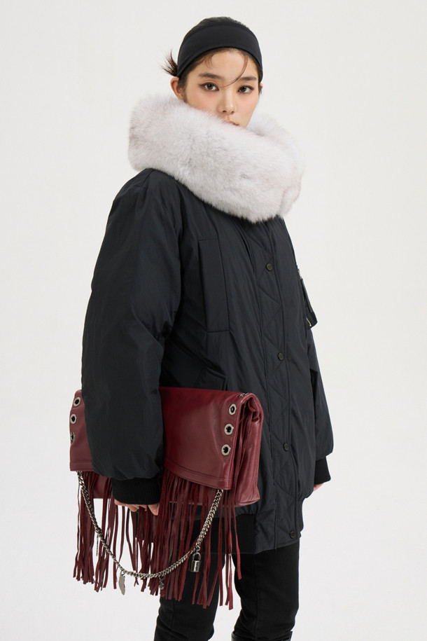 LUCKY CHOUETTE - 패딩 - Detachable Fox Fur Goose-Down Half Jumper (black)