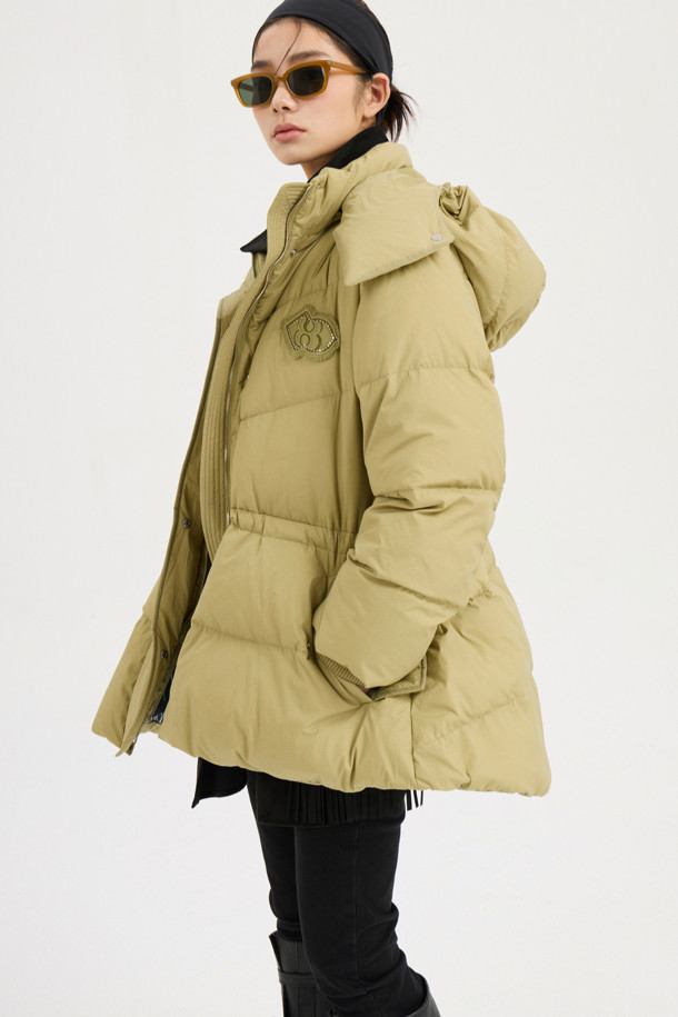 LUCKY CHOUETTE - 패딩 - Detachable Hooded Flare Goose-down Jumper (light khaki)