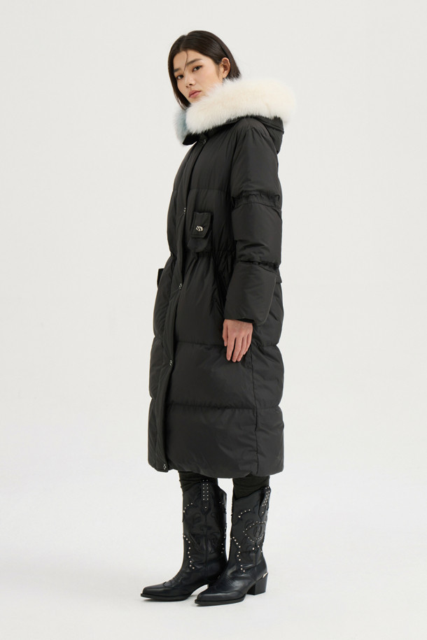 LUCKY CHOUETTE - 패딩 - [Atelier] Color Block Fox Trimming Long Goose Down Coat (black)