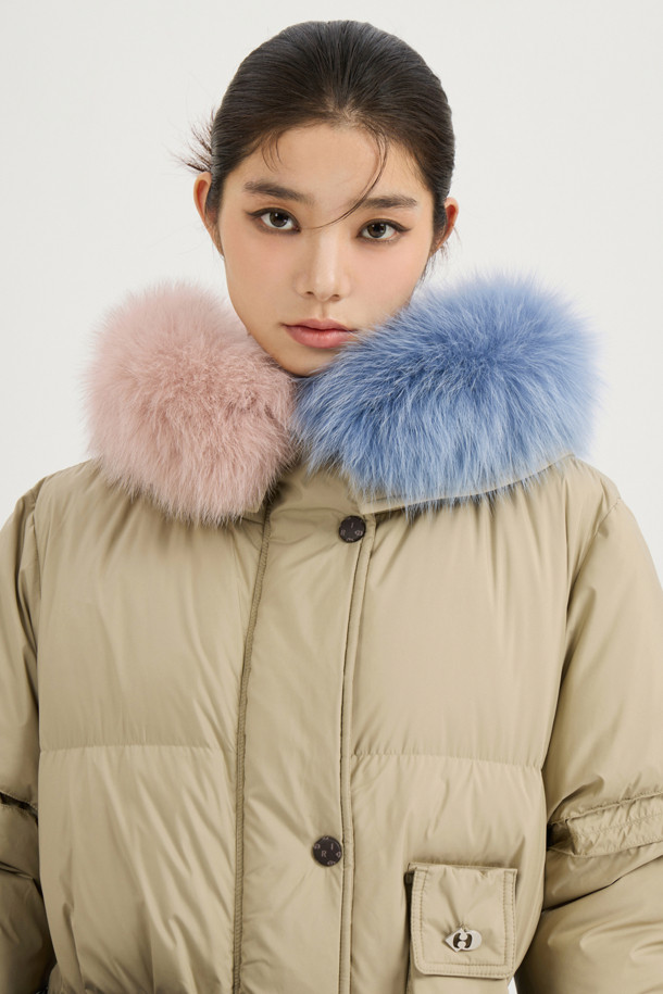 LUCKY CHOUETTE - 패딩 - [Atelier] Color Block Fox Trimming Long Goose Down Coat (light khaki)