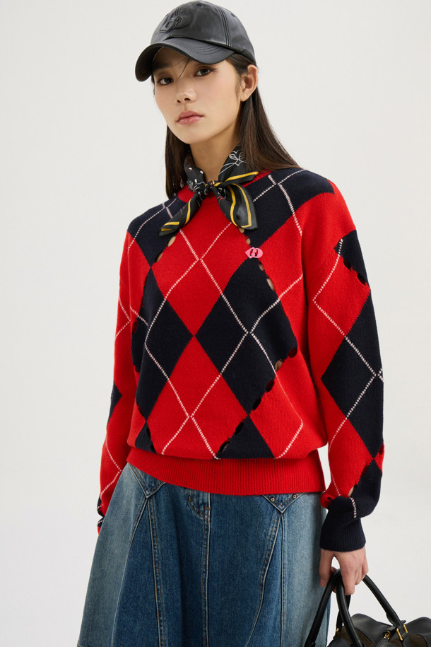 LUCKY CHOUETTE - 스웨터 - [Atelier] Intascasi Argyle Knitwear Pullover (red)