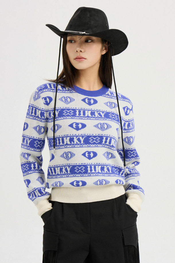 LUCKY CHOUETTE - 스웨터 - [Atelier] Letter+Patterned Jacquard Knitwear Pullover (ivory)