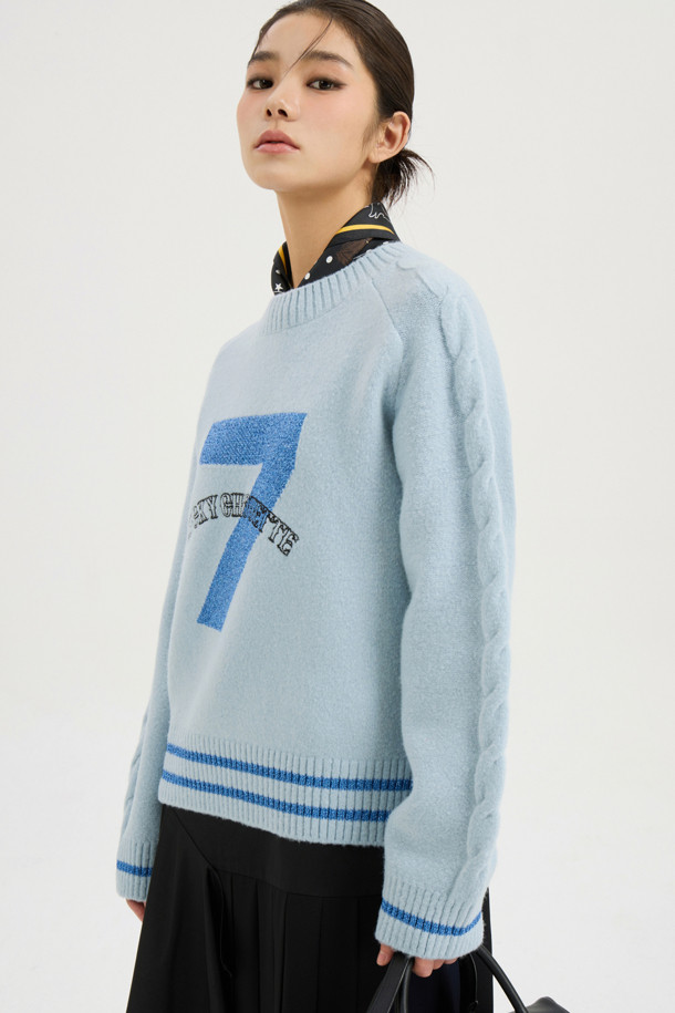 LUCKY CHOUETTE - 스웨터 - [Atelier] One Point Round Neck Knit Pullover (blue)