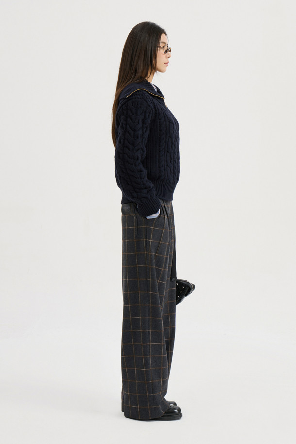 LUCKY CHOUETTE - 롱/미디팬츠 - [Atelier] Belt Point Check Back Banding Pants (dark grey)