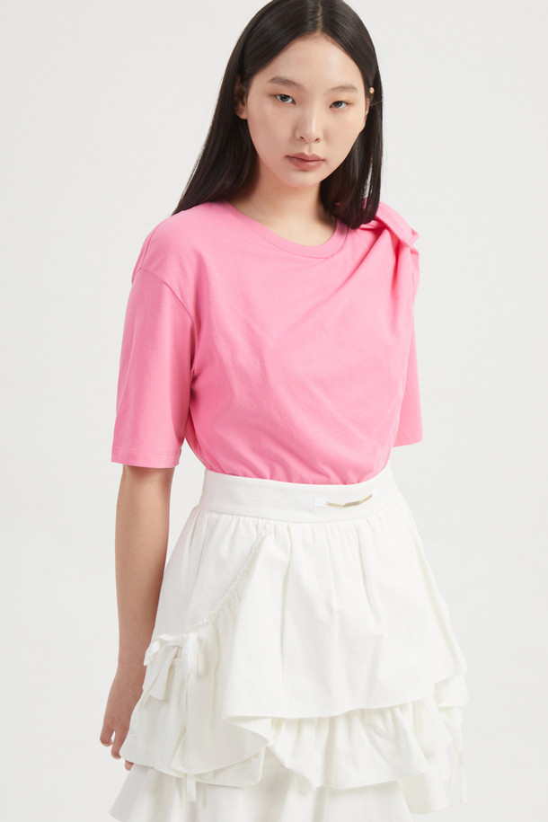 LUCKY CHOUETTE - 반소매 티셔츠 - Ribbon Asymmetric Short-sleeved T-shirt