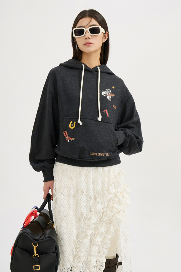 LUCKY CHOUETTE - 긴소매 티셔츠 - [Atelier] Print Point Hooded T-Shirt (dark grey)