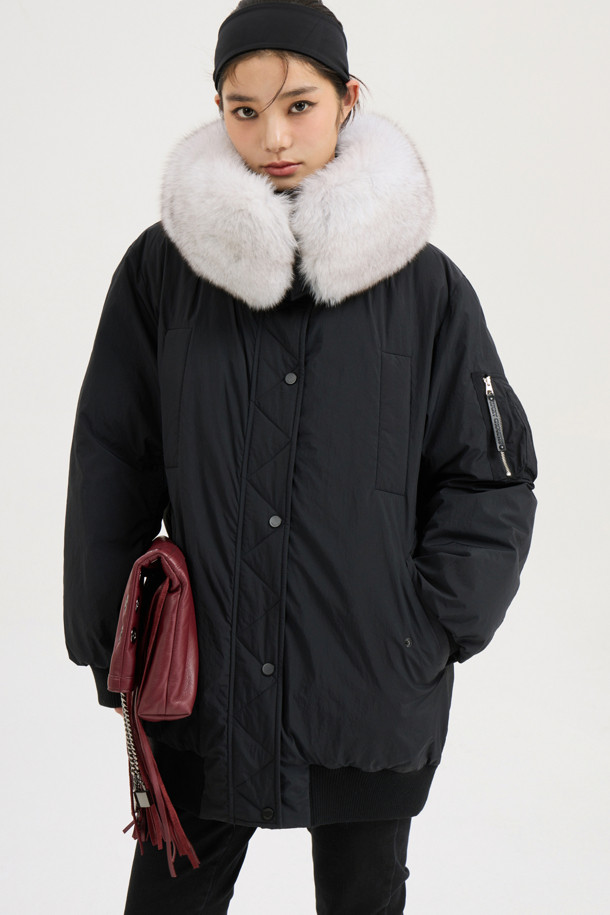 LUCKY CHOUETTE - 패딩 - Detachable Fox Fur Goose-Down Half Jumper (black)