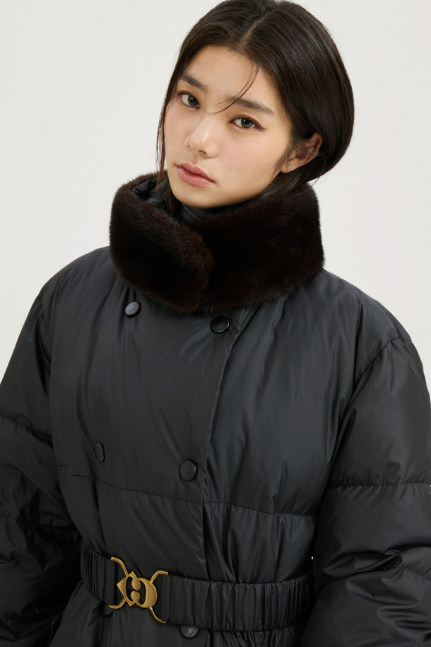 LUCKY CHOUETTE - 점퍼 - [Atelier] Mink Neck Warmer Option Belt Long Goose-down Coat (black)