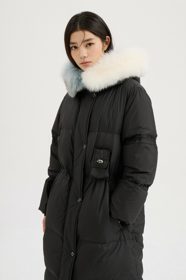 LUCKY CHOUETTE - 패딩 - [Atelier] Color Block Fox Trimming Long Goose Down Coat (black)