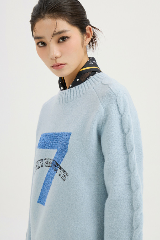 LUCKY CHOUETTE - 스웨터 - [Atelier] One Point Round Neck Knit Pullover (blue)