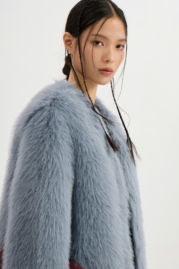 LUCKY CHOUETTE - 점퍼 - Eco Mink Fake Fur Collarless Jacket (blue)