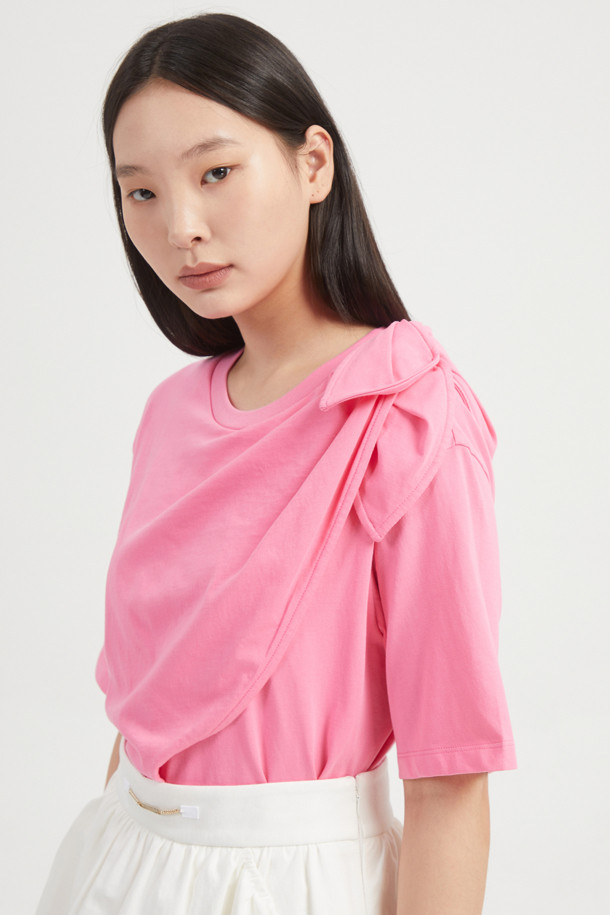 LUCKY CHOUETTE - 반소매 티셔츠 - Ribbon Asymmetric Short-sleeved T-shirt