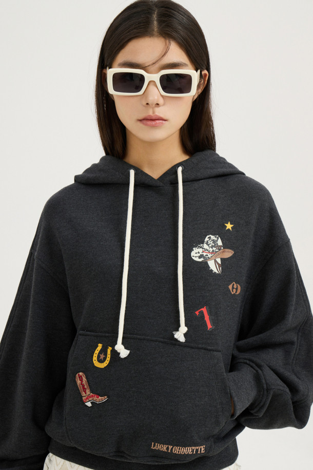 LUCKY CHOUETTE - 긴소매 티셔츠 - [Atelier] Print Point Hooded T-Shirt (dark grey)