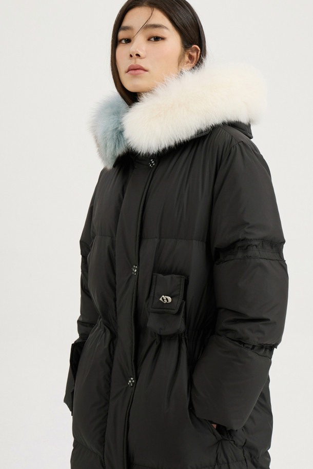 LUCKY CHOUETTE - 패딩 - [Atelier] Color Block Fox Trimming Long Goose Down Coat (black)