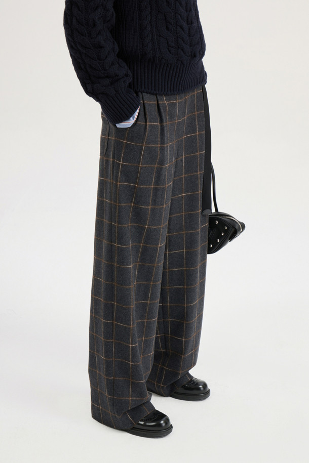 LUCKY CHOUETTE - 롱/미디팬츠 - [Atelier] Belt Point Check Back Banding Pants (dark grey)